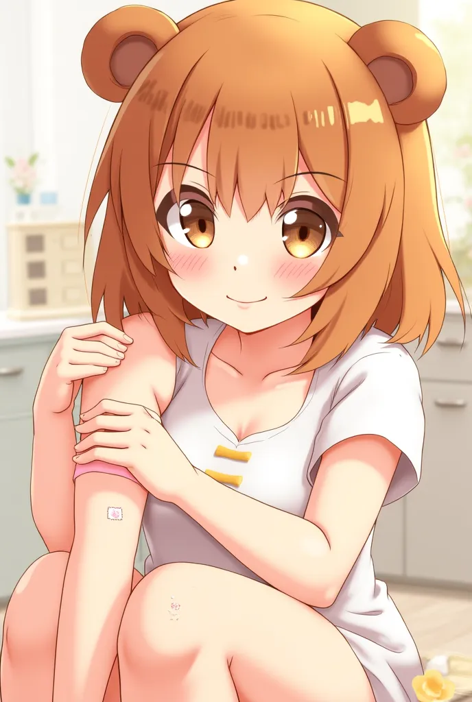 anime, chica, bear ears, brown hair and eyes , square on the back, Cleaning up some wounds on his arm