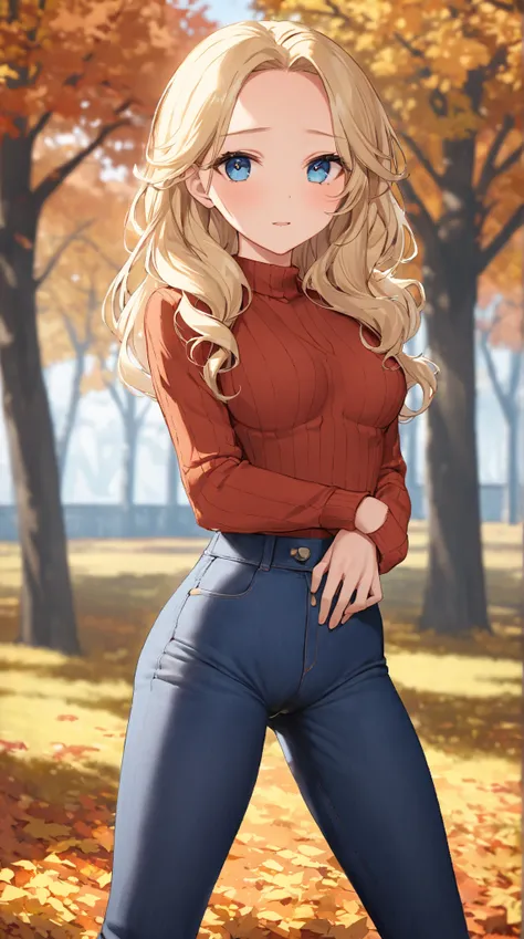 A pretty 12yo blonde with dazzling eyes and lovely long wavy hair with perfect body:1.1 and medium breast is standing and (touching herself:1.8). She is wearing high-waisted blue jeans with a sweater. Outdoor setting in daytime in fall. Fashion photography...