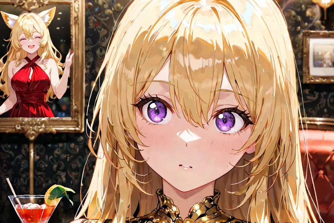 2girls, long blonde hair, hair inbetween eyes, cute, detailed eyes, purple eyes, facing viewer, sexy, welcome to Enigma, holding a cocktail, formal attire, black and gold dress, High Resolution, Masterpiece, Accurate, Anatomically Correct, Best Quality, De...