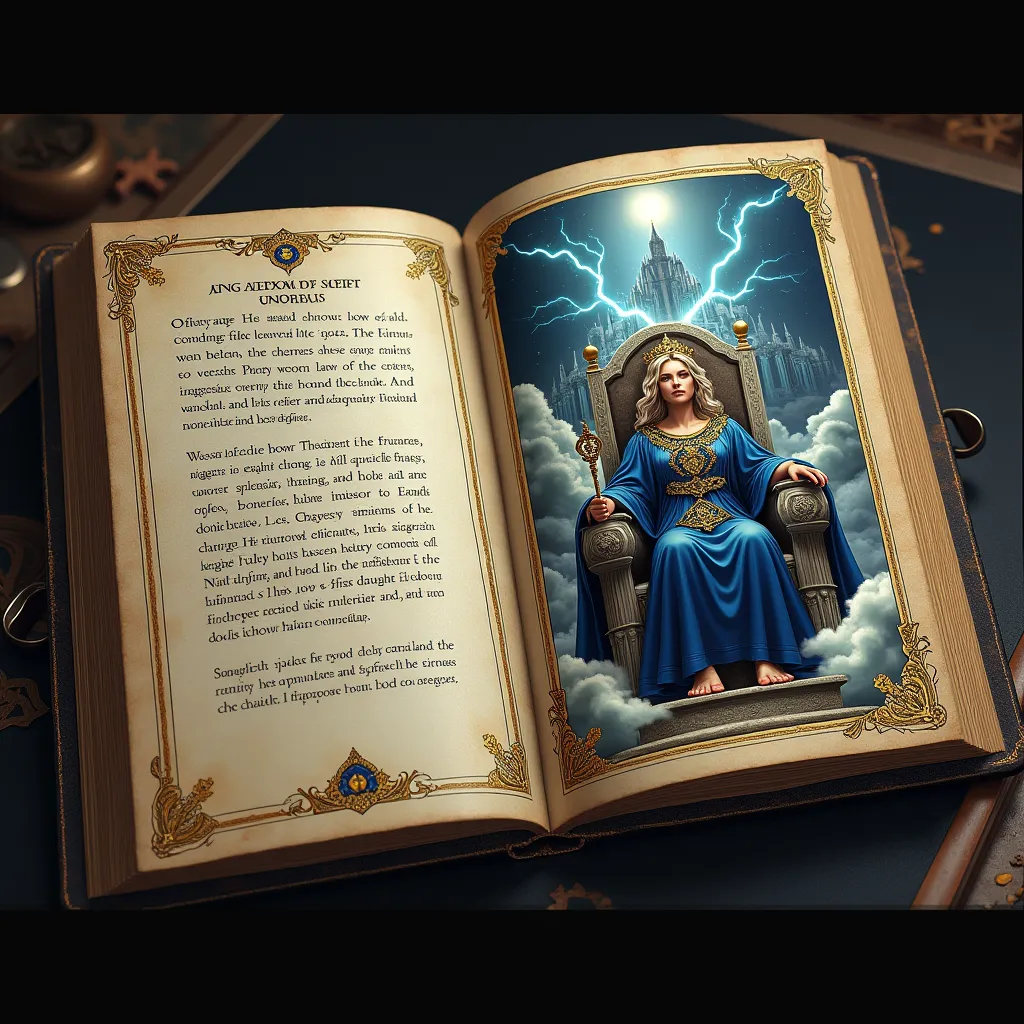 The grimoire rests heavy on the dark table, its binding adorned with golden lines that echo the grandeur of the words written on the left page. The runes are solid and imposing, as if every word were an unbreakable law. On the right page, a monumental illu...