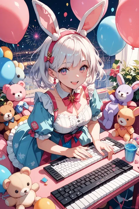 The image is a vibrant and colorful illustration of a character with white hair and bunny ears playing a pink music keyboard surrounded by various stuffed animals, balloons, and presents in a festive and playful setting.