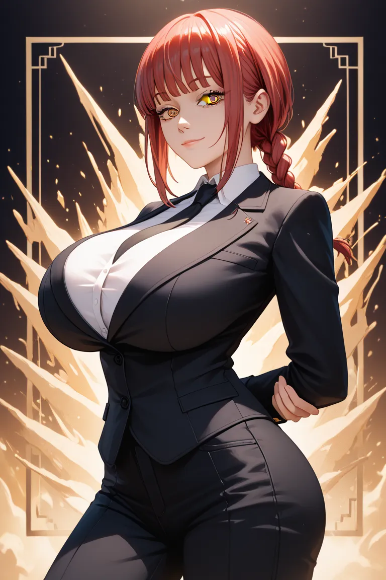 1girl,looking at viewer,,{{{{chainsaw man }}}}, {{makima}}, masterpiece,best quality,detailed CG unity 8k wallpaper,side braid, black {{{{skinny suit pants}}}}, black blazer,black {{{{tie}}}}, {{{{ringed eyes}}}}, straight-on,{{Fujimoto Tatsuki}},arms behi...