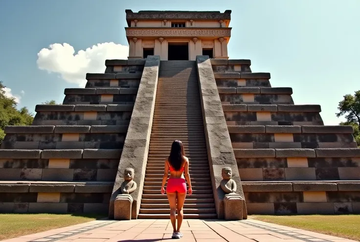 (muscular body:1.8), latin woman, ((small breasts)), woman , sportswear  A Mesoamerican Teotihuacan temple, rectangular on a square platform, with smooth and decorated walls, a flat roof and a central altar.
Red, white and black predominate, with details i...