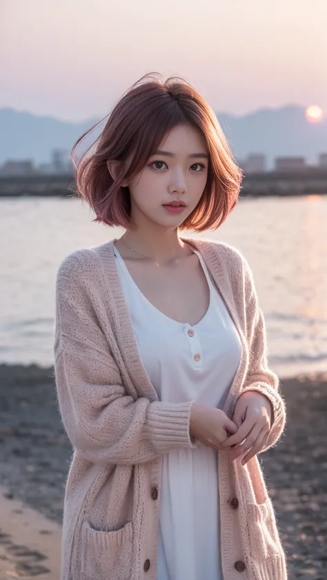  masterpiece:1.3， Best quality , At the seaside，Scenery of the sunset，The face of a mature older sister， big ，has a pink bow on her chest，and a brown cardigan shirt， white dress， pink hair