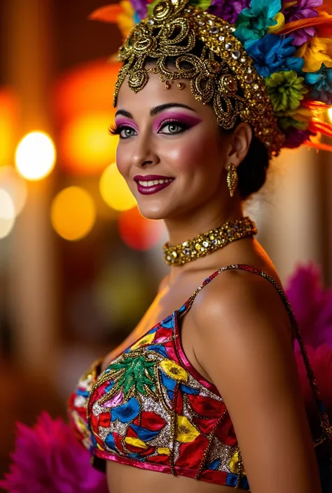  pretty woman, Costumed for the Brazilian Carnival, carnival mask, samba, Brazil,  whole body, detailed face, expressive eyes, charming smile, elegant body,  confident stance,  colorful dress,  shiny props , Festive Scenario, cheerful decorations,  vibrant...