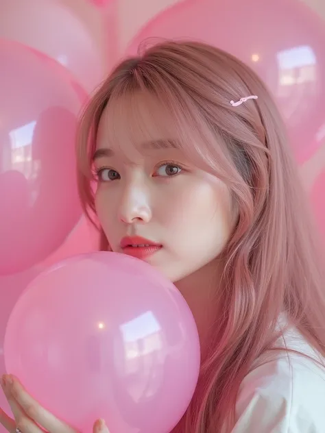 (8k、 RAW photo 、 Top Quality、masterpiece:1.2)、(  exists、 Photorealistic)、 the hairstyle is long hair、face close-up、((pink rubber balloon that is not inflated:1.3))、((There is  in the rubber balloon:1.2))、 ((Holding a rubber balloon)),facing away、White skin