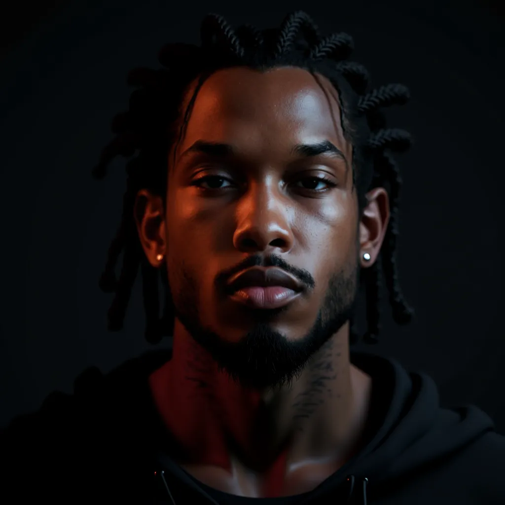 3d character rapper portrait, 3d realistic, face closeup, thin dreads hairstyle, cinematic lighting, high quality, photorealistic, 8K, professional, facial details, expressive face, confident expression, moody atmosphere, dramatic lighting, dark environmen...