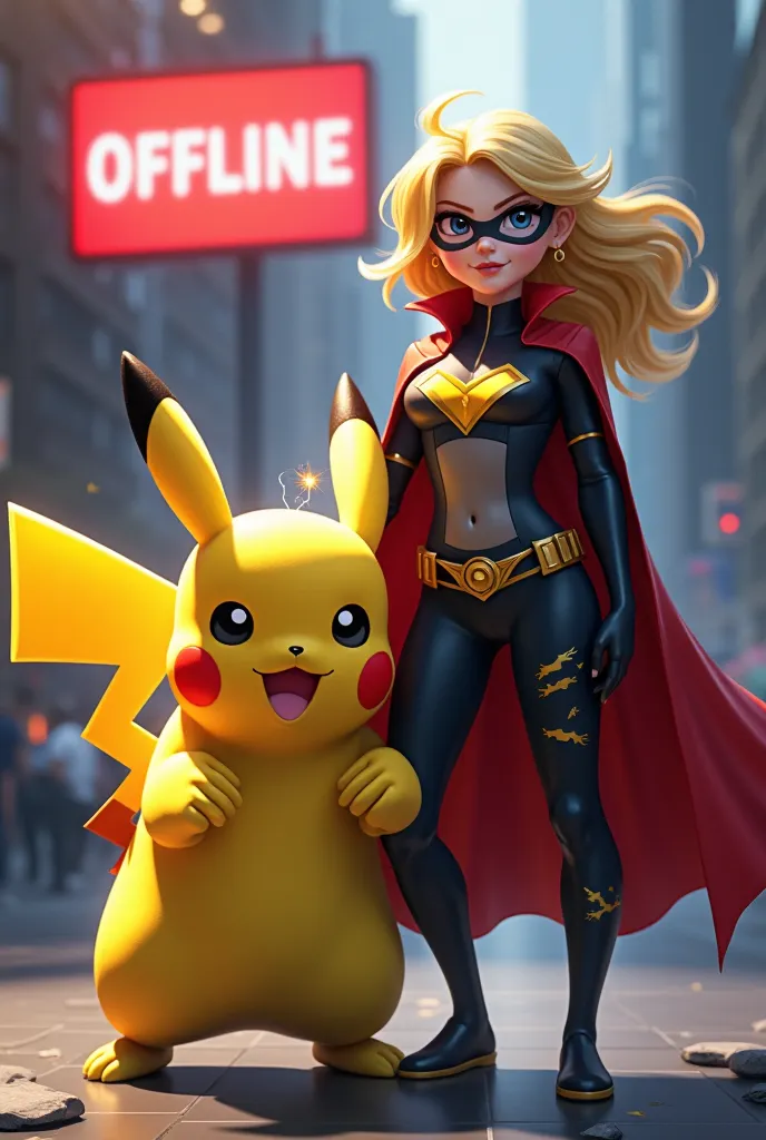 Pikachu and superhero girl standing next to OFFLINE sign