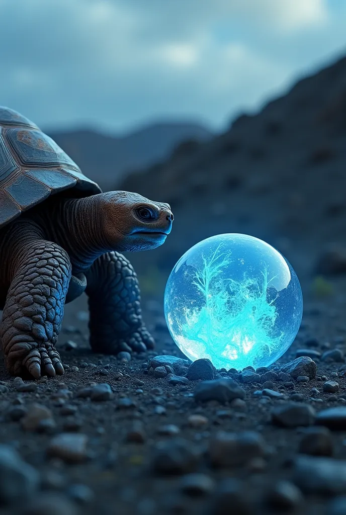 A hyperrealistic, cinematic close-up shot of a Galapagos tortoise and a glowing, crystalline orb of magical ice, positioned side-by-side, occupying the majority of the frame. The tortoise, a mature specimen with deeply textured, volcanic-brown carapace and...