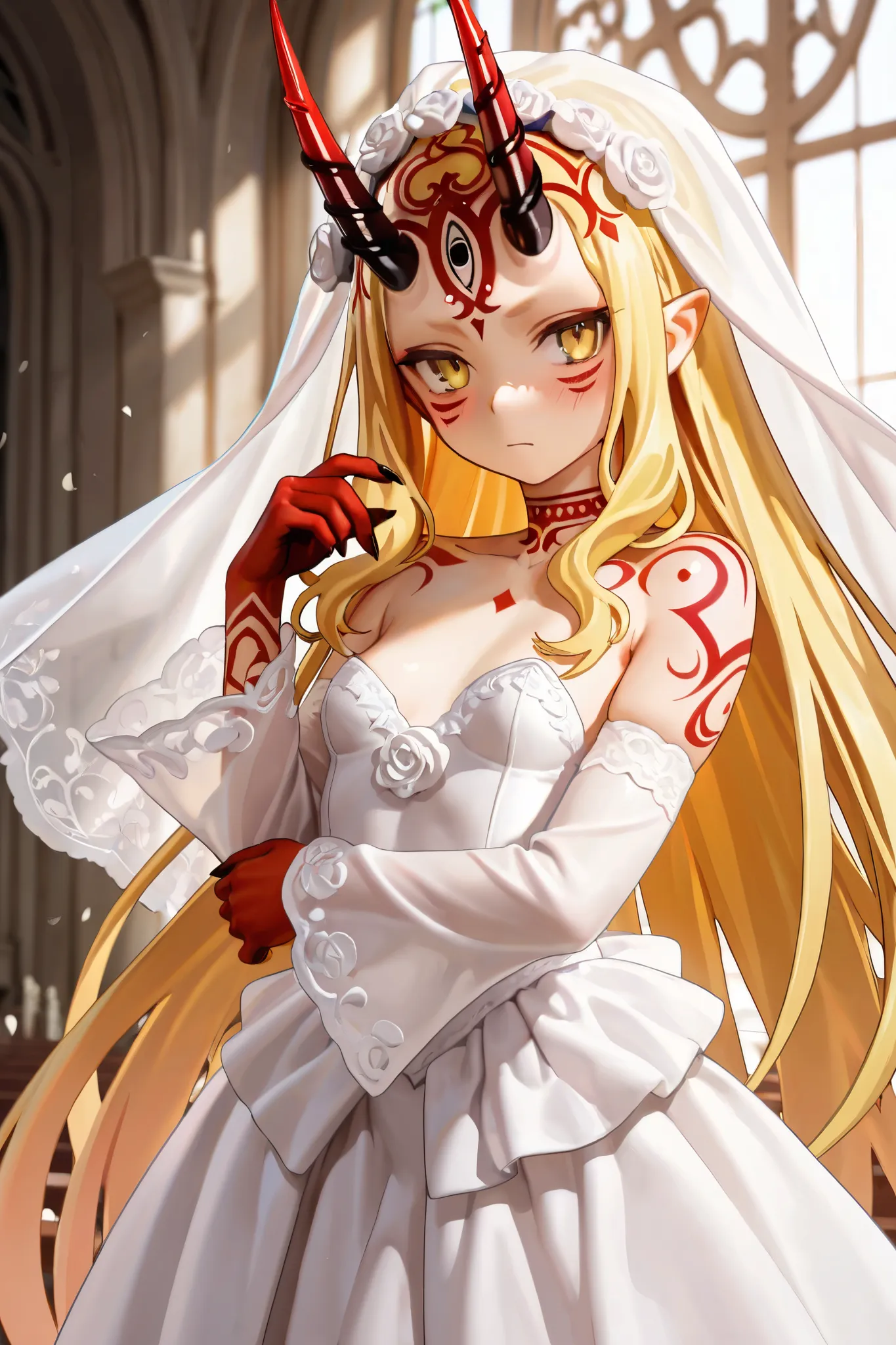 NSFW,masterpiece,Highest quality,Hi-Res,very detailed,Ibaraki Doji\(Fate/Grand Order),long hair、 Gold、side lock、yellow eyes、pointed ears、 face mark 、tattoo、 forehead mark、ghost、horn、Sharp Claws,wedding dress,church