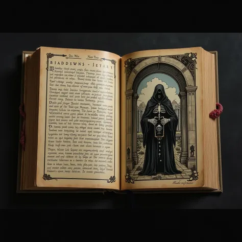 The open grimoire on the black table seems to consume the light around it. The runes on the left page are dense and heavy, written in a rigid line, like marks carved in ancient stone. On the right page, the art nouveau illustration shows an imposing figure...