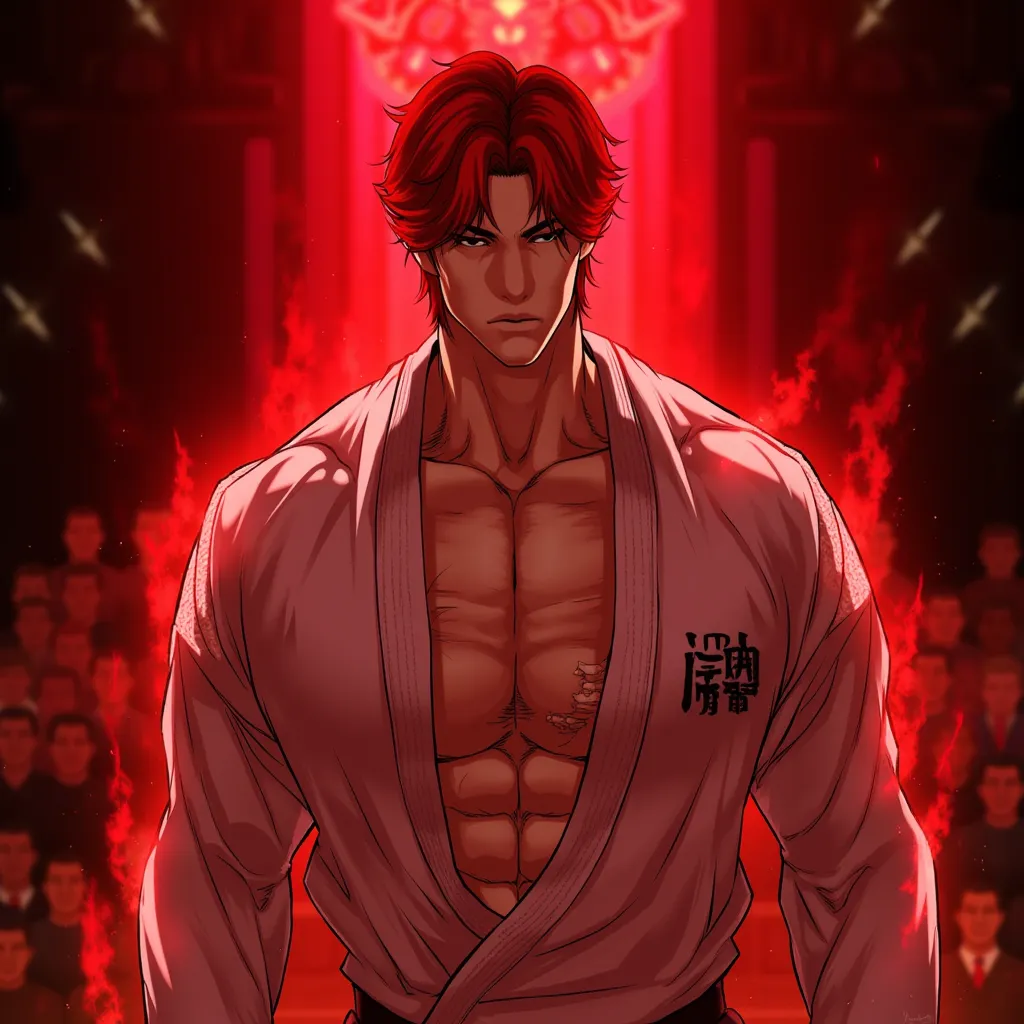 1Man, handsome, red hair, brown eyes, red light aura, durable figure, moderate muscles, big height, torn karate shirt, battle arena background, high definition, depth of field, best quality, quality
A lot of people sleeping in pain, red light aura, red fir...