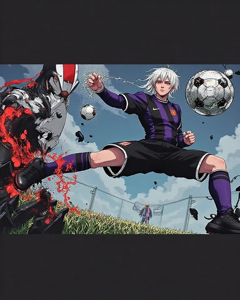 uniform An anime image of a 22-year-old boy,handsome,attractive and with young features. has white hair,long and messy. ojos color lavanda y era alguien atractivo y handsome,Wear a black and purple soccer uniform. with black sneakers.

The boy would be on ...