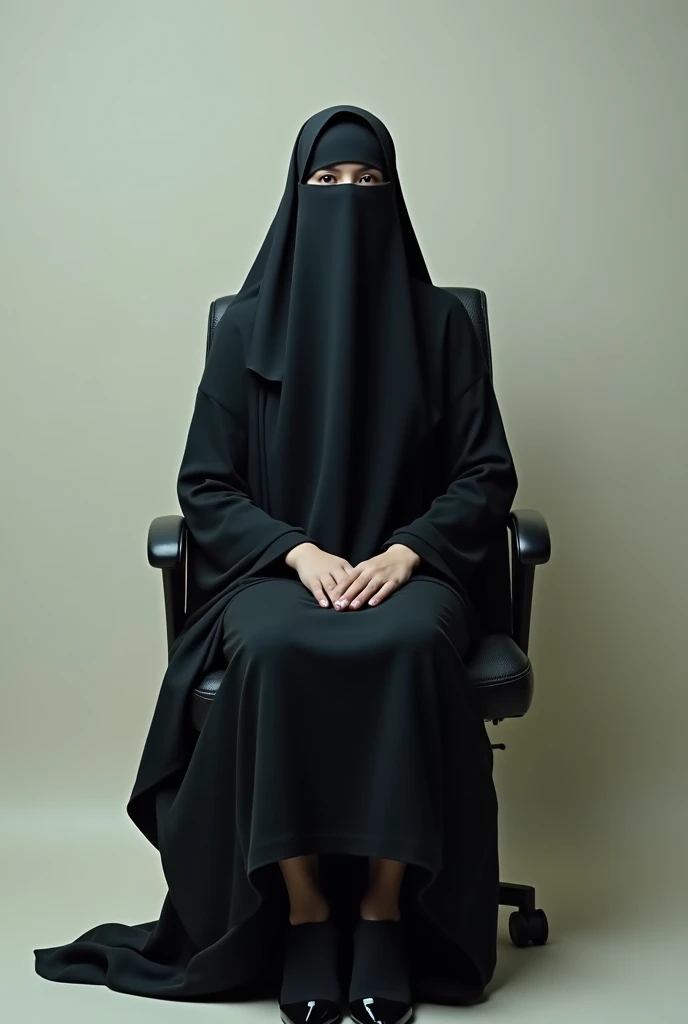 A veiled woman wearing chadori, She is wearing a traditional chador. She is also wearing black tights and black high heels. She is sitting on an office chair. Natural photo