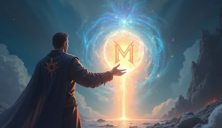 A chosen one reaching out with the 'M' mark shining, as a portal opens before him, ready to guide him to a new destination.