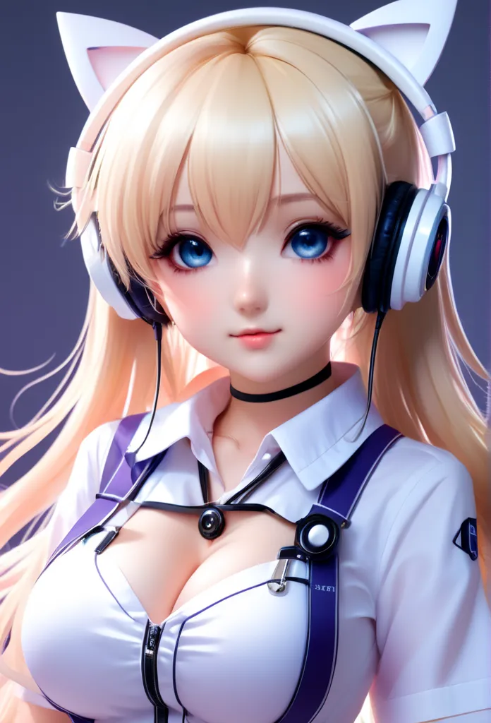 Kawaii sexy girl for girls Loli with a very pronounced neckline ,kawaii headphones ((Futuristic Neptunia Dimension White Revealing Nurse Clothing With Elastic Parts Shiny Trapaprente)),very short blouse and short skirt, Semi nude ,sexy,doll(   busty  ) ,Ex...