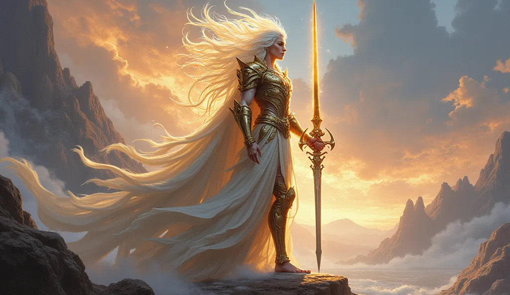 A spirit warrior wearing shining armor, holding a sword of light given by the gods to fulfill their sacred mission.