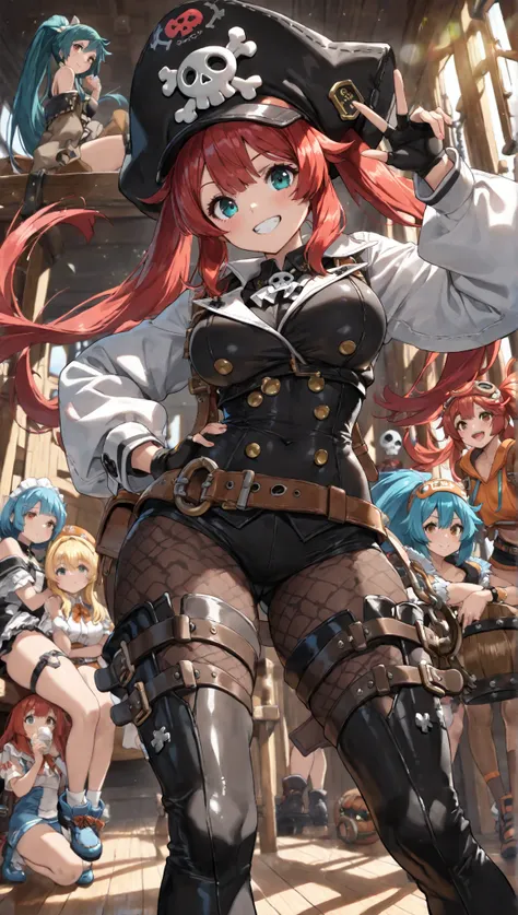 4K, 5girls, May from Guilty Gear Strive and her crew, Guilty Gear Strive, May and her entire pirate crew, in May's ship, giddy, smile, curvy bodies, medium breasts, May's pirate clothes, May is making a "OK" gesture, her crew surrounding her, (best quality...