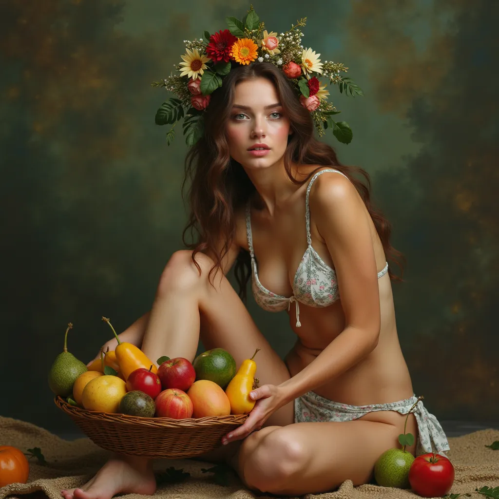 A  woman in bikini who is particularly a russian embodying the essence of goddness of abudance and fertility. She is seated gracefully with her knees drwan up,cradling a basket overflowing  with various fruits. Her hair is adorned with a crown of flower an...