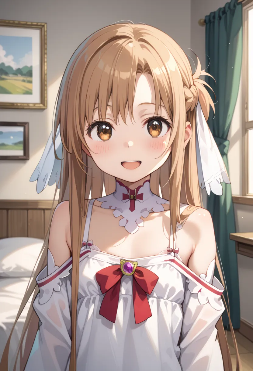 ((Highest quality)), ((masterpiece)), (be familiar with), perfect face, indoors, bedroom, watching viewers,
One woman, Asuna Yuki,
open mouth, ecstatic expression, blush, smile,
 small tits, flat chest, Young girl,  lori,  ,  girl,
 long hair, long hair,
 ...