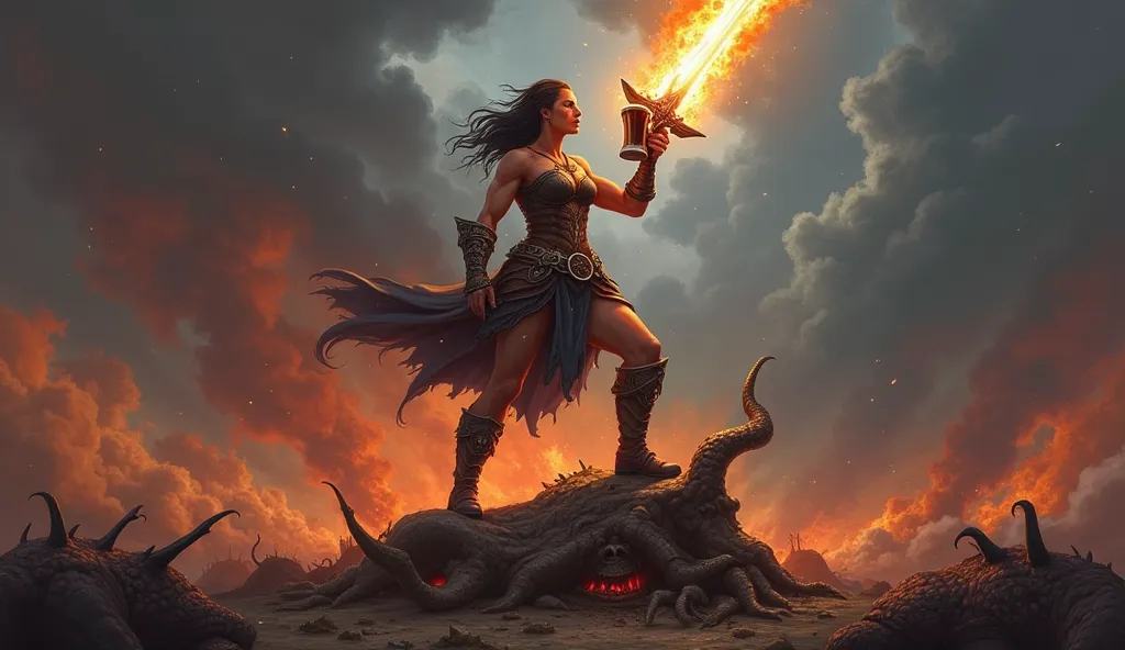 Marcela with a flaming sword stuck in the head of a dead demon. She must be drinking a stout of a mug.