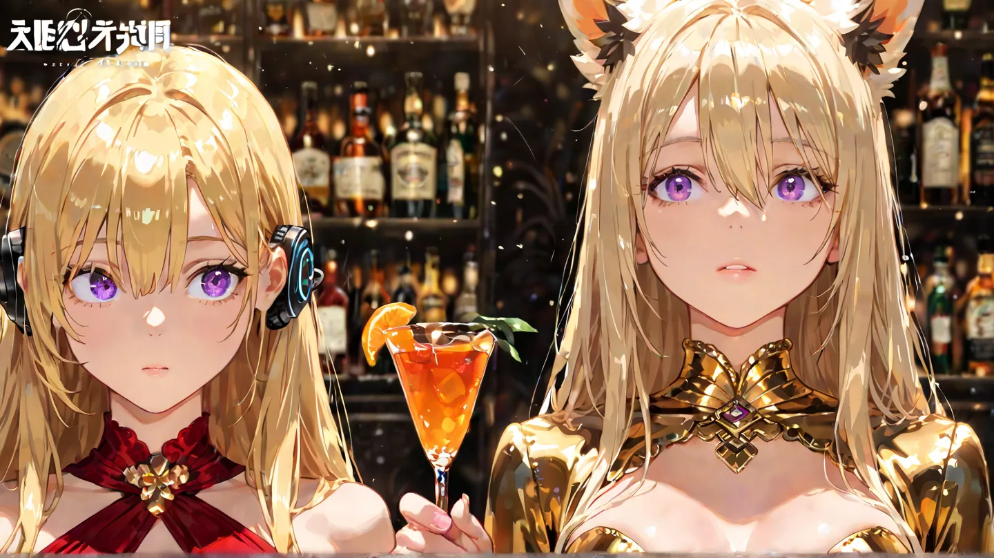 2girls, long blonde hair, hair inbetween eyes, cute, detailed eyes, purple eyes, facing viewer, sexy, welcome to Enigma, holding a cocktail, formal attire, black and gold dress, High Resolution, Masterpiece, Accurate, Anatomically Correct, Best Quality, De...