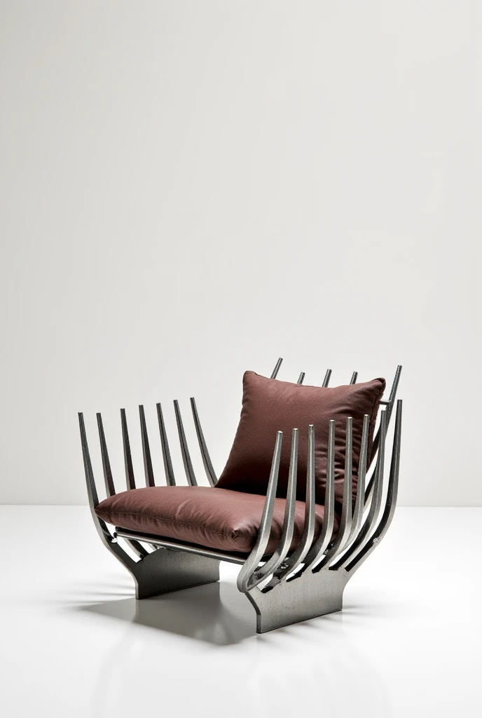 An armchair with a structure of giant metal forks folded strategically. The teeth of the forks serve as support for placing interchangeable cushions.