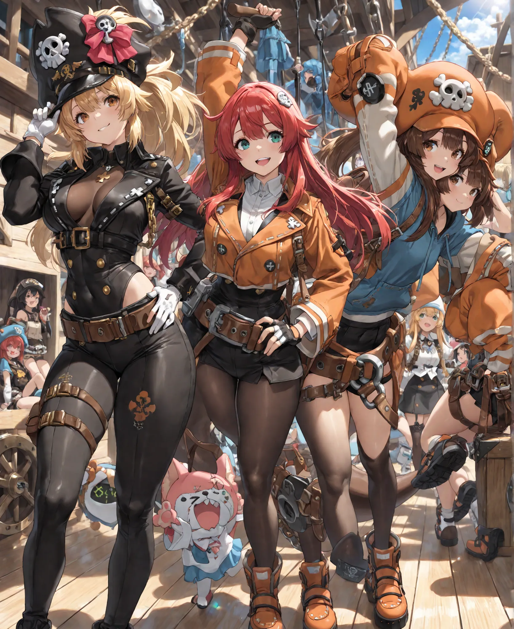 4K, 5girls, May from Guilty Gear Strive and her crew, Guilty Gear Strive, May and her entire pirate crew, in May's ship, giddy, smile, curvy bodies, medium breasts, May's pirate clothes, May is making a "OK" gesture, her crew surrounding her, (best quality...