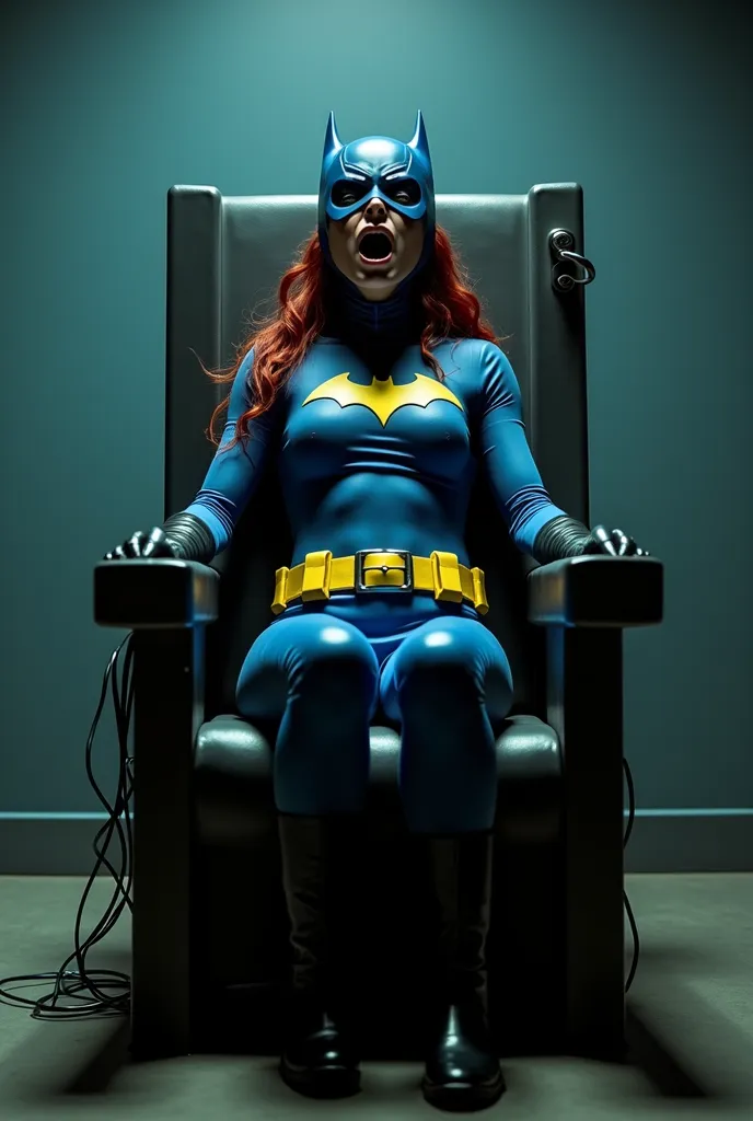 Realistic photo of Batgirl in her early 30s, restrained in an electric chair. She is sitting upright in a blue costume with a yellow bat symbol, with black superhero gloves and black superhero boots. She is screaming for help, crying. Her arms and elbows a...