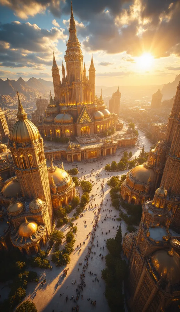 Generate a sprawling high-fantasy city bathed in eternal golden sunlight, inspired by celestial theocracies and solar grandeur. The scene centers on Nova Lumina, City of the Eternal Sunrise, with these key elements:

Architecture: Towering golden spires an...