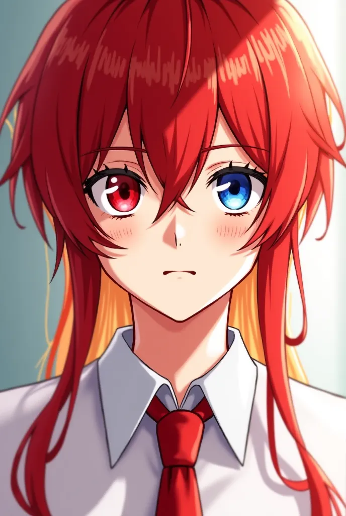 A 17-year-old anime-style man with a red left eye and a blue right eye with white eyelashes , long red haired hair with noticeable blonde locks of hair, wearing a white shirt and a red tie and a small scar on his lip