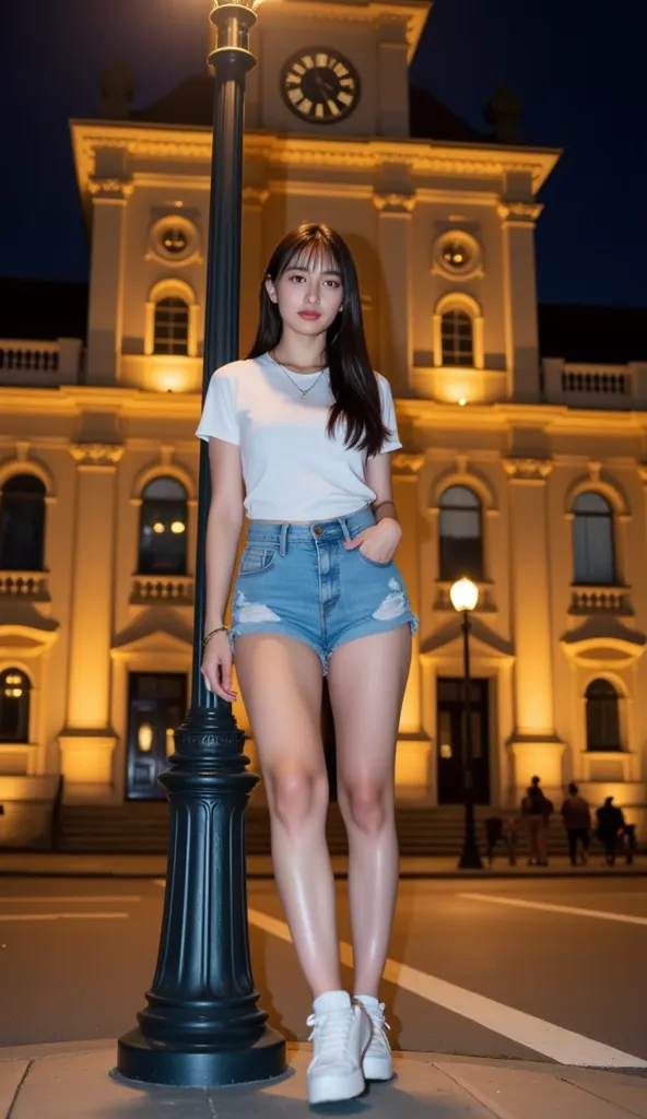 *"A young woman with long black hair, wearing a tight white t-shirt and denim shorts, stands leaning against a street lamp at a road intersection in front of a grand colonial-style building illuminated at night. The building features large pillars and a pr...