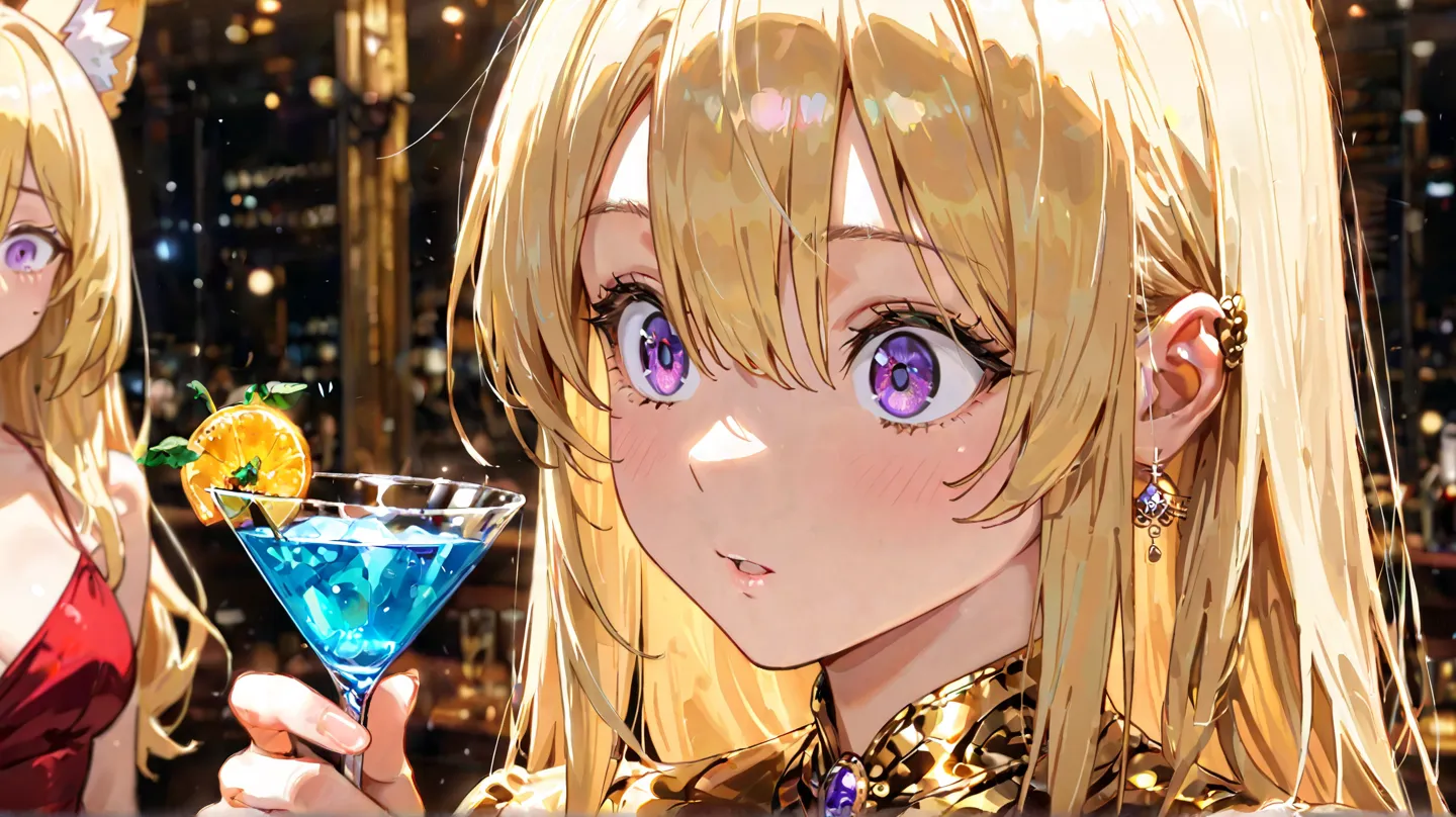 2girls, long blonde hair, hair inbetween eyes, cute, detailed eyes, purple eyes, facing viewer, sexy, welcome to Enigma, holding a cocktail, formal attire, black and gold dress, High Resolution, Masterpiece, Accurate, Anatomically Correct, Best Quality, De...