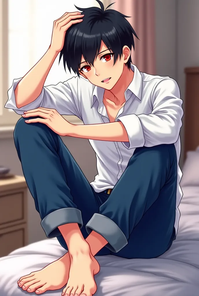 An high quality 20 years old anime boy wearing white shirt and blue pants but the ankles of the pants are rolled up, have black hair and red eyes and compeletely barefoot, sitting in his bedroom and we can see all of his feet, handsome, he lift his soles