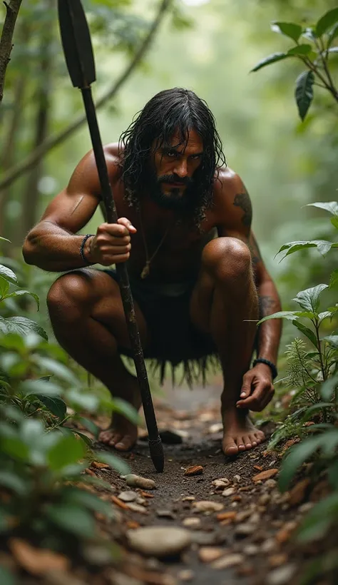 POV shot: you are a caveman. You crouch low in the underbrush, gripping a spear with a stone tip. Your legs are bent, ready to spring into action. You´re legs are dirty, covered in animal hide. you are barefoot. In your hand, a spear with an stone tip