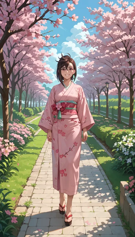 rape, Ayase Momo Ayase 18 years old in traditional pink kimono with flowers, standing on path of garden with cherry blossoms, facing camera, calm face with smile smile, blossoming trees in background, front view full length