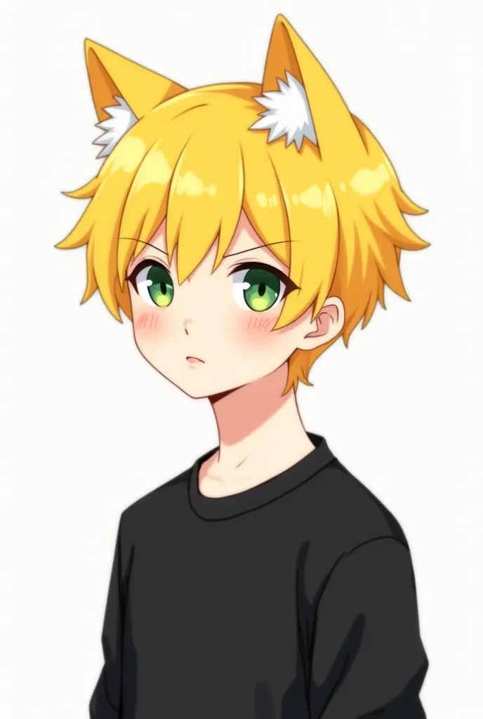 Male anime cartoon yellow hair black sweatshirt green eyes white background half cat ear 