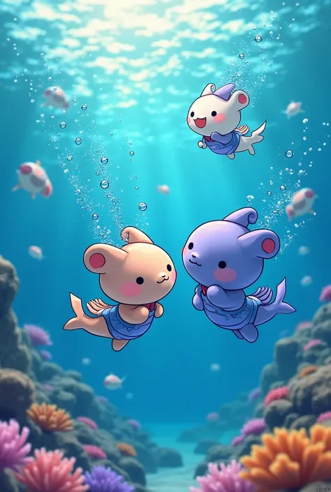 "The Sanrio characters are swimming in the crystal-clear ocean, surrounded by vibrant marine life and colorful coral reefs. They are wearing blue and purple swimsuits, each with their unique style, and are joyfully interacting with Hangyodon, the quirky fi...