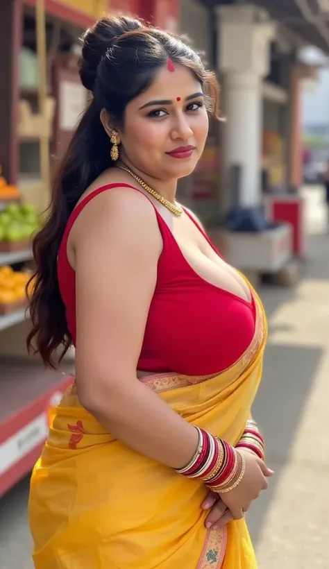 Indian beautiful woman sexy bhabhi, Hands on hips,showing dark armpits,strapless Sleeveless blouse,very deep cleavage,curvy plus size model wearing transparent embroidery yellow satin embroidery floral color saree ,strapless sleeveless red blouse, plenty o...