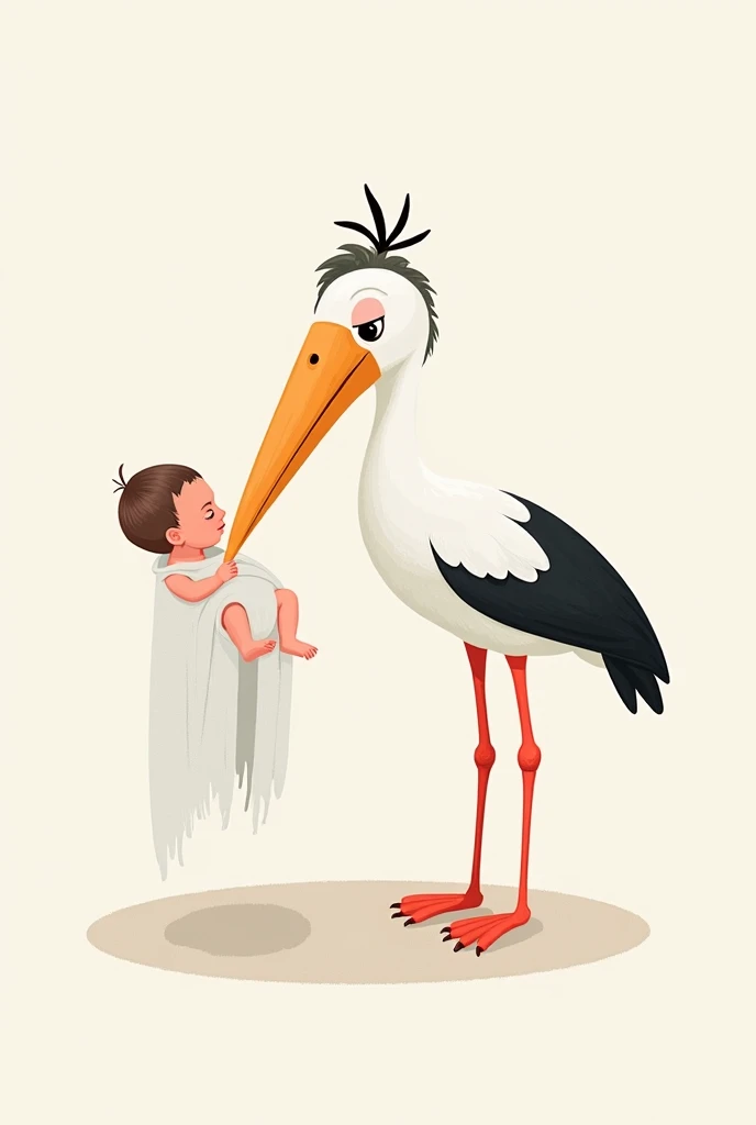 A gentle , digital illustration of a boho-style Stork carries a newborn baby wrapped in a white cloth in its beak. The style is modern , minimalistic and inspired by Scandinavian boho - with gold details 