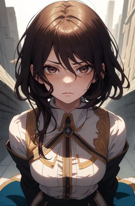 1girl, beautiful anime girl, short brown hair, freckles. long skirt, dark eyelashes, perfect eyes, brown eyes, perfect face, stern expression, intricate, intricate details, epic, character portrait, cinematic portrait, anime, anime art