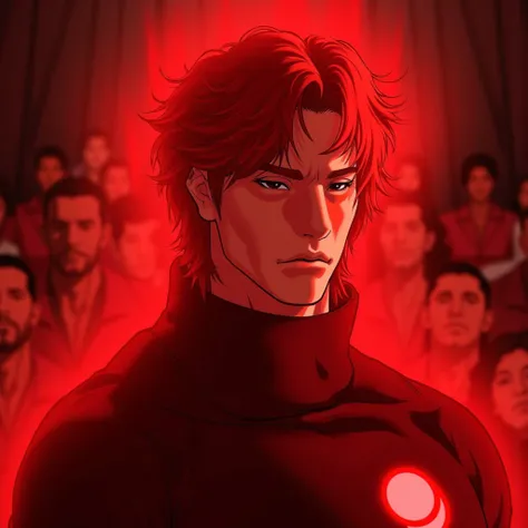 1man face, red hair, brown eyes, red light aura, durable shape, moderate muscles, big height, fight background, high definition, depth of field, best quality, Quality Many people in pain have red fire aura, red light aura, shut up, (((Standing behind the a...