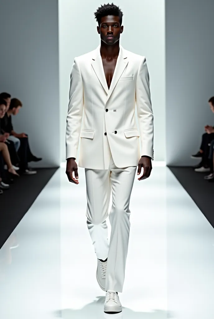 Male model wearing GQ Balmain-style elegant white casual outfits on a runway at a high-end fashion shoot