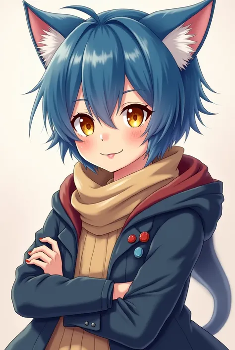  creates a boy with cat ears water blue hair . with yellow eyes with dark orange . and a warm sweater with closure on her sleeves and around her neck she has fluffs that are part of the coat with closure. with the position of half-open arms as if I wanted ...