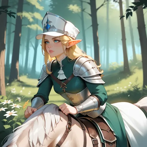 Medieval clothing, elf, white cap, riding on horse