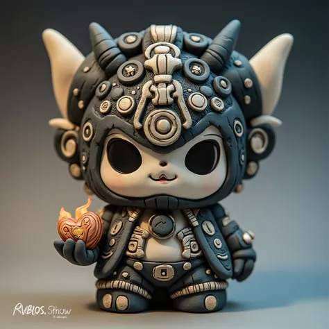  (best quality, cute, well detailed, synthetic and rounded forms a vinyl art toy cute and tender but angry of a masked male wrestler Blue Demon on a catholic saint's body , decorated with skulls, Colors of the mask black and silver, Details Aztec reliefs h...