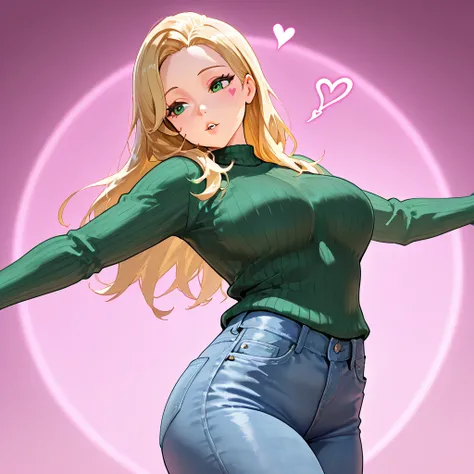 Blonde Hair, Long Hair, Green Eyes, Breasts, Jeans, Green Sweater, Hearts, Solo, Parted Lips, Loving Look, Dancing, Pink Backround, Sexy Body