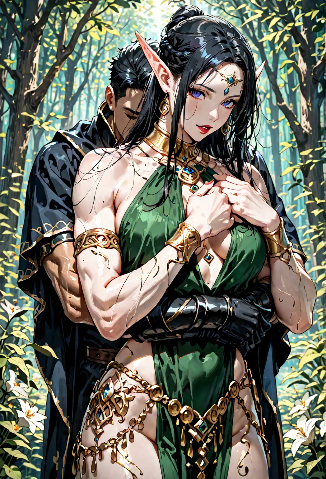 (1 woman and 1 men) (woman; elf, long, whitish hair, pale skin, short, sexy thin body) (woman's clothing; interesting, fantastic, beautiful, high-quality black combination) (man; black hair, bronze skin, muscular, tall, charismatic) (man's clothing: fantas...