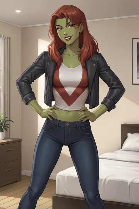 PonyXLV6_Scores BREAK (perfect anatomy, perfect eyes), BREAK mgann morzz, long hair, red hair, colored skin, green skin, freckles, brown eyes, makeup, dark red lipstick, ((looking at viewer)), superhero, dark gray racerback tank top, dark black jeans, dark...