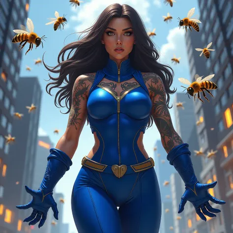 Super hero woman with dark brown hair she has arm tattoos and a royal blue jumpsuit with superpowers . She has bees around her 